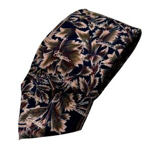 Cadillac Mens Necktie Navy Blue Tan Silk Floral Leaf Logo Script 58" Vintage